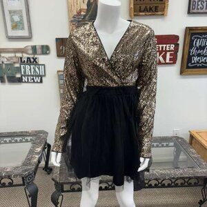 Gold Sequin Long‑Sleeve Top + Black Tulle Skirt Dress